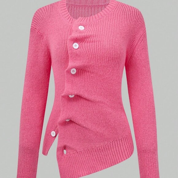 Pink Casual Women's Front Button Knit Top With Asymmetric Hem & Round Sweater - Picture 2 of 6